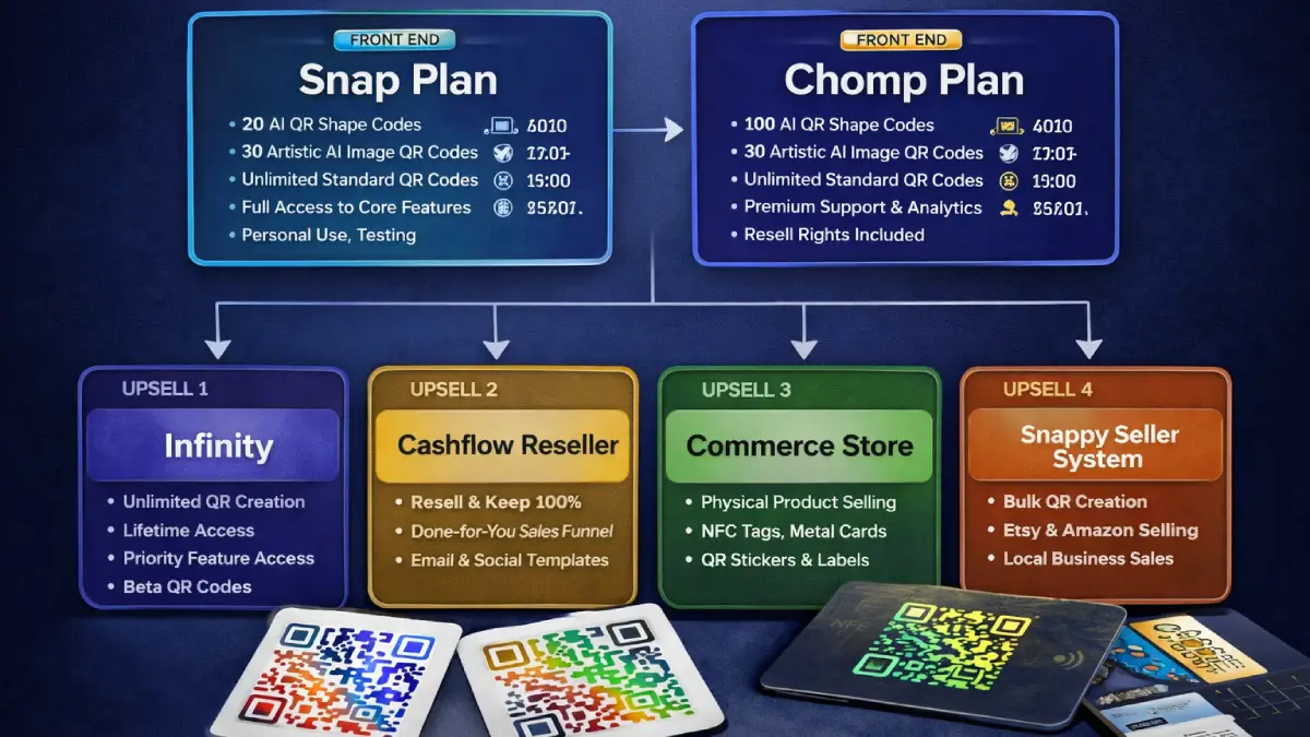 QR Croc funnel overview including front-end and OTO structure
