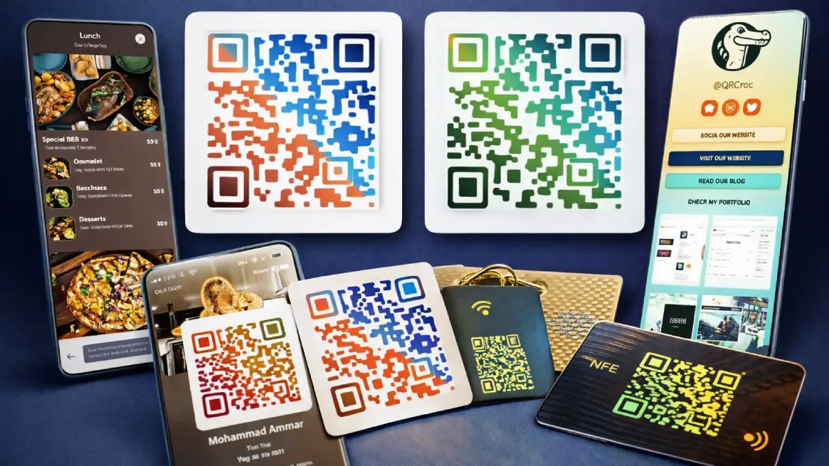 QR Croc AI-generated outputs including artistic QR codes, menus, business cards, and landing pages