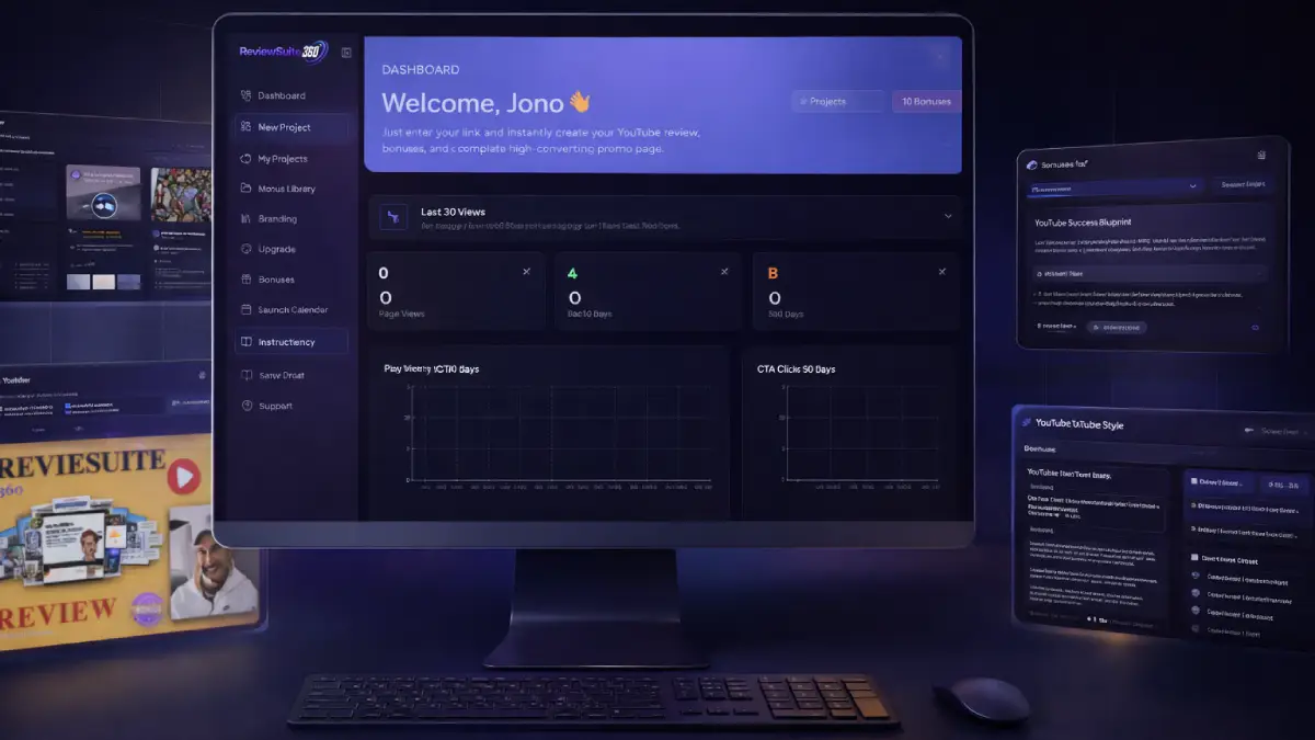 ReviewSuite 360 examples (review videos, bonus stacks, bonus pages, campaign creation)