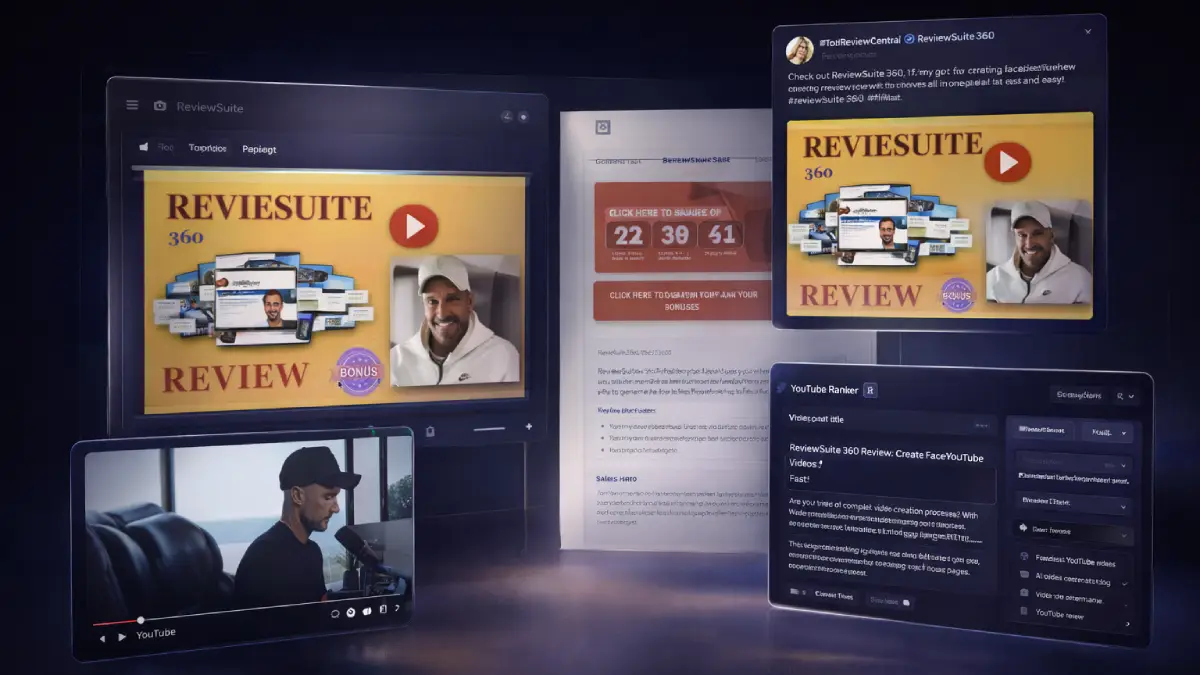ReviewSuite 360 outputs examples (review videos, bonus pages, campaign assets, automated delivery)