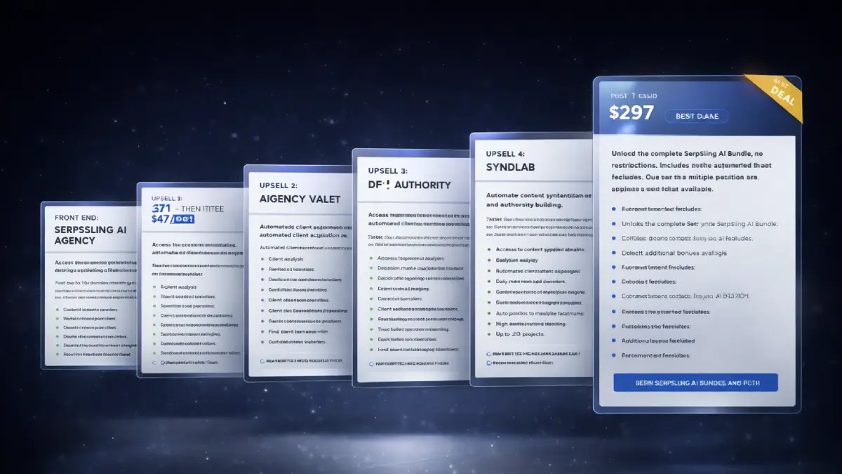 SerpSling AI funnel showing front end, bundle, unlimited, AIgency Valet, DFY Authority, SyndLab, and AI Niche Site Blueprint plus Zairp