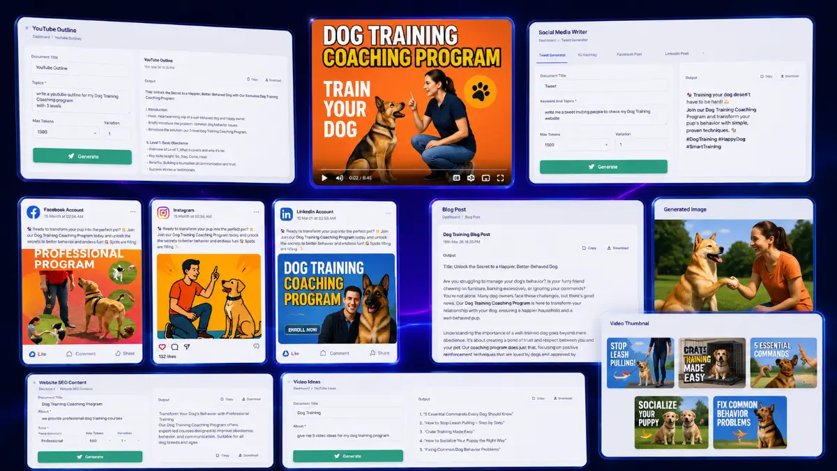 SmartAgentX outputs including social posts, SEO blogs, email campaigns, YouTube titles and descriptions, AI images, hashtags, website SEO suggestions, scheduling, and auto-publishing