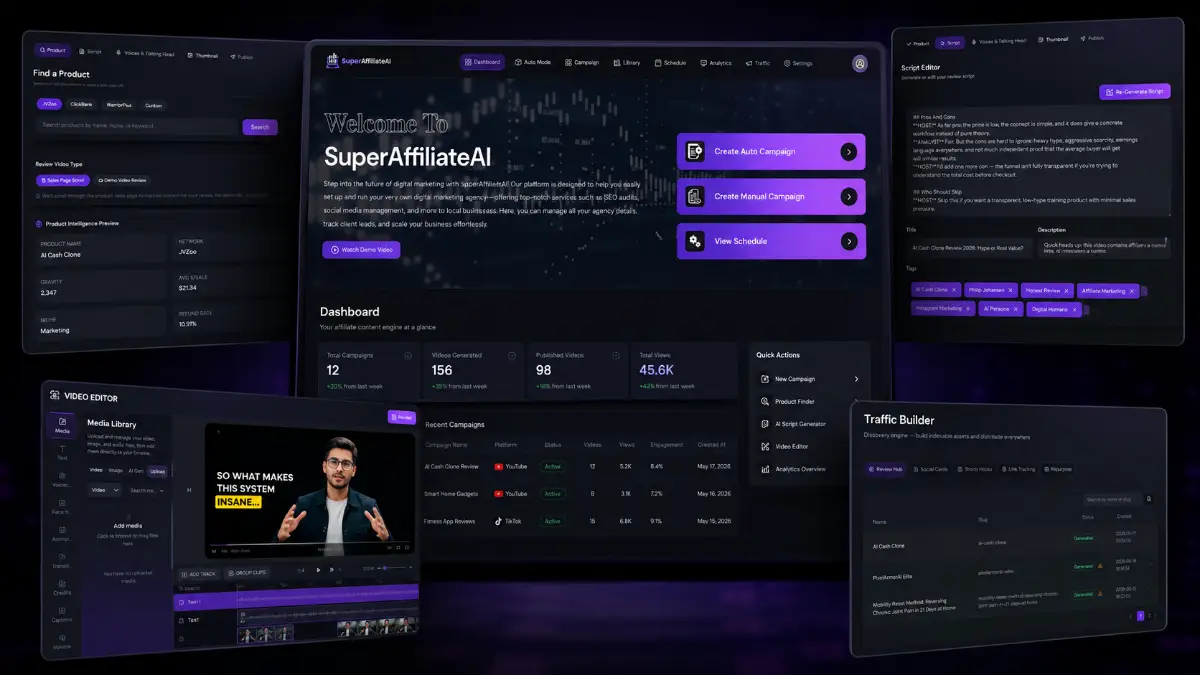 SuperAffiliateAI examples showing AI product discovery, faceless affiliate review videos, thumbnails, publishing, SEO hubs, link tracking, and analytics