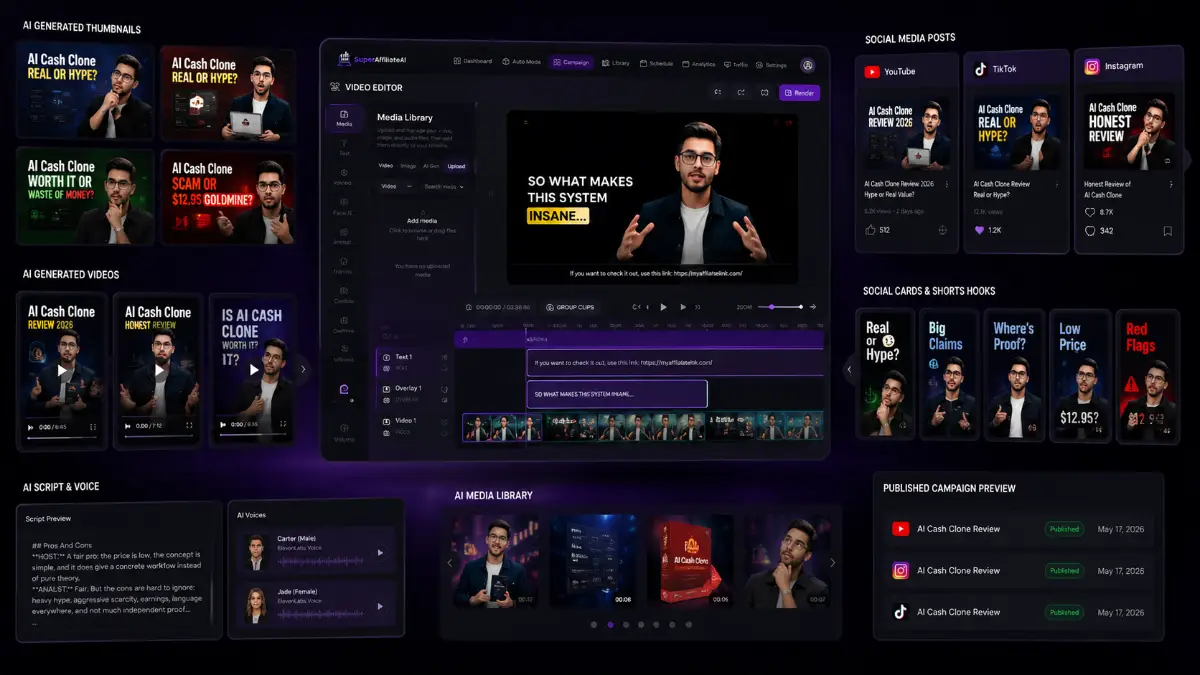 SuperAffiliateAI outputs including AI-generated review scripts, voiceovers, thumbnails, long-form videos, short-form clips, SEO pages, tracking links, and analytics