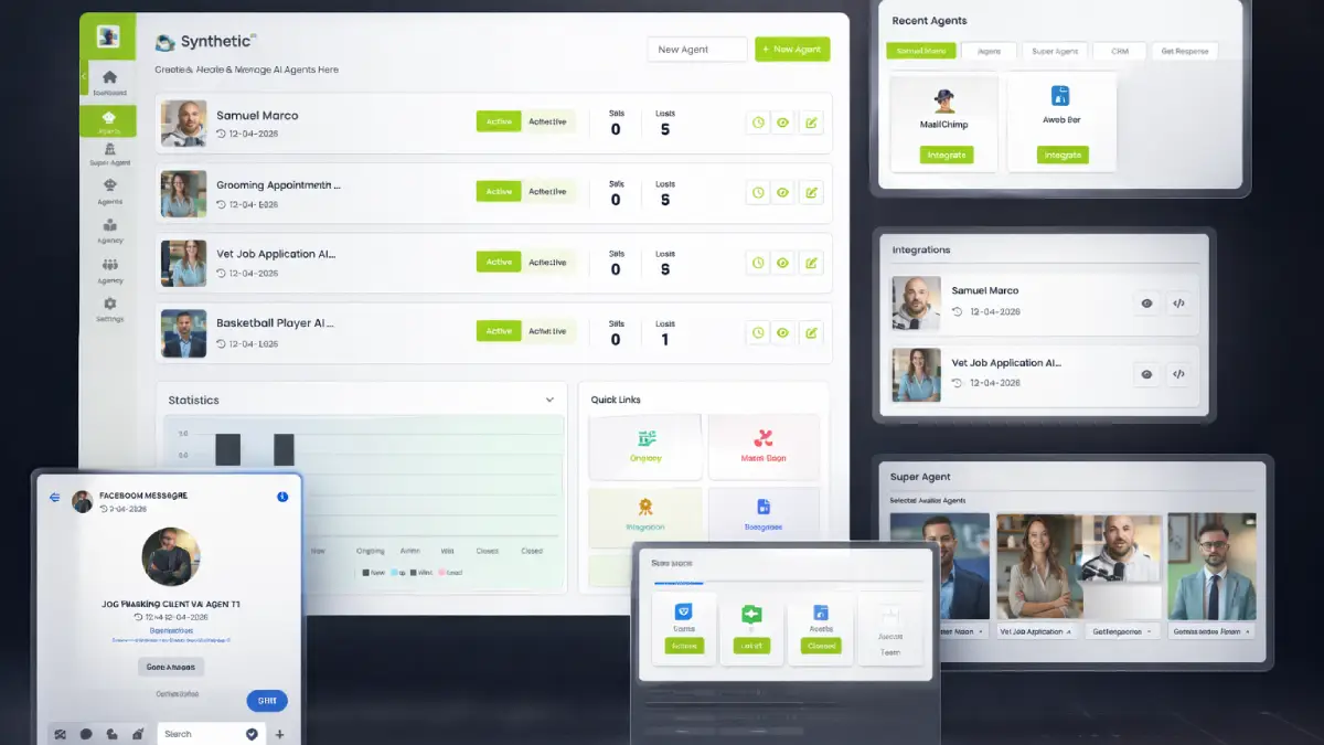 Synthetic AI examples showing Facebook Messenger automation, website chat agents, lead capture flows, CRM dashboards, and AI-powered customer conversations
