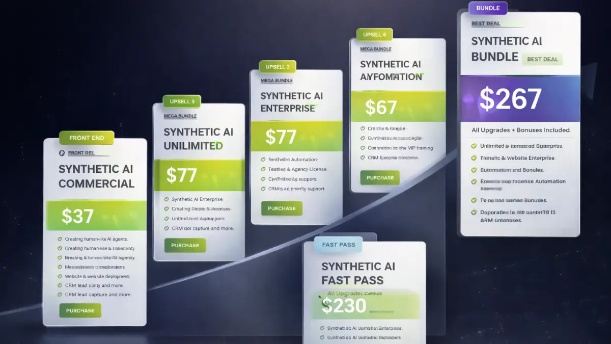 Synthetic AI funnel showing front end, fast pass, bundle, mega bundle, Unlimited, Enterprise, Automation, Agency, and Done-For-You offers
