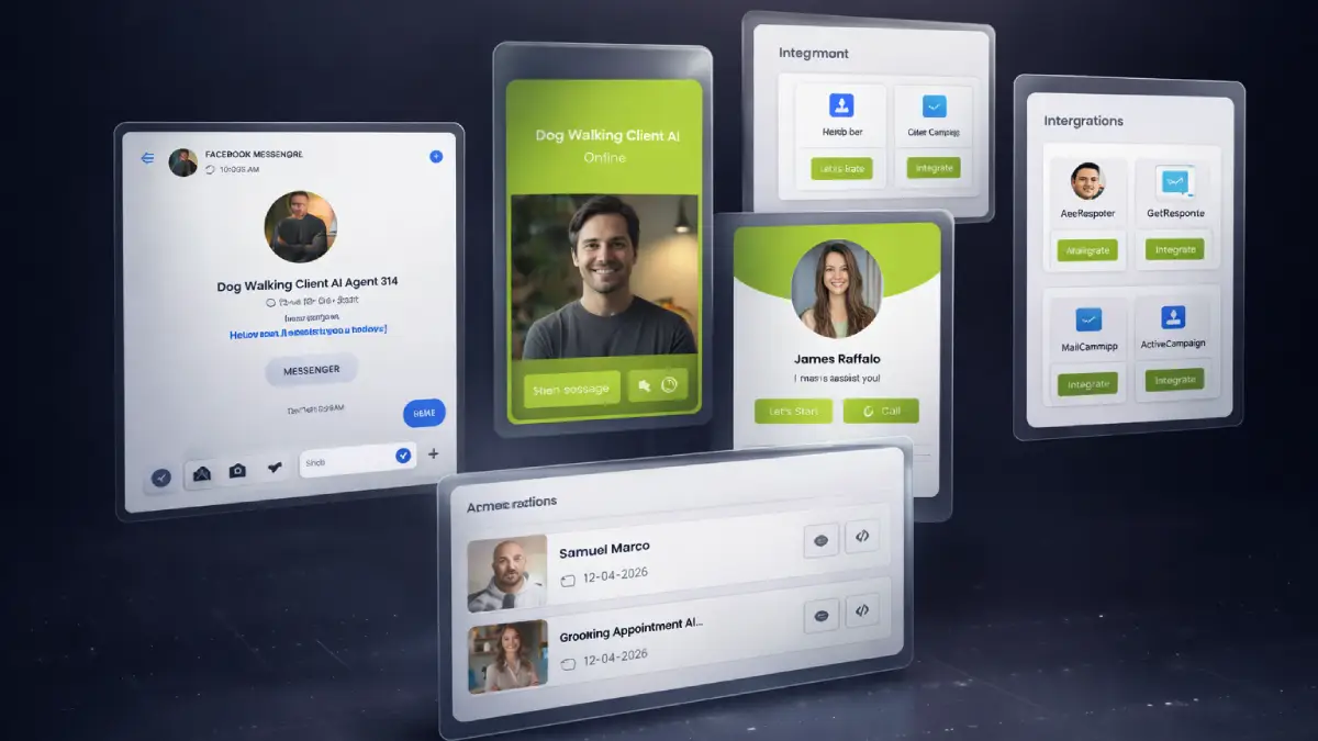 Synthetic AI outputs including Messenger lead capture, website AI chats, CRM automation, multilingual conversations, and conversion-focused customer support