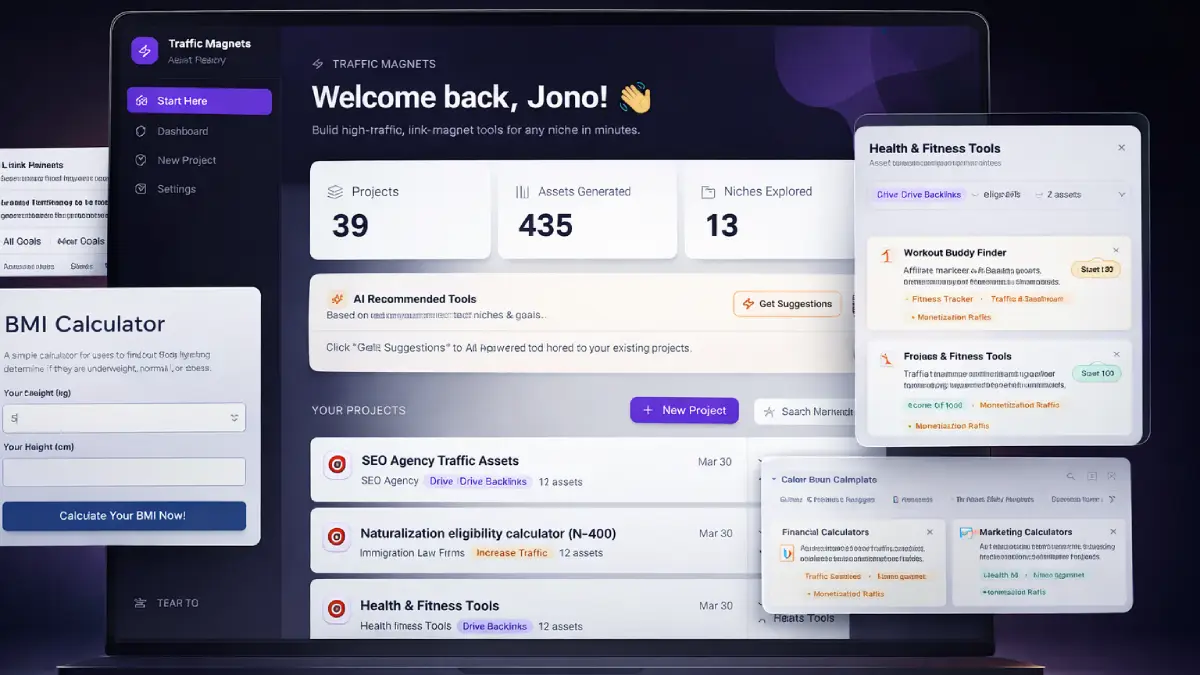 Traffic Magnets examples showing AI niche research, traffic tool creation, landing pages, and passive traffic workflows