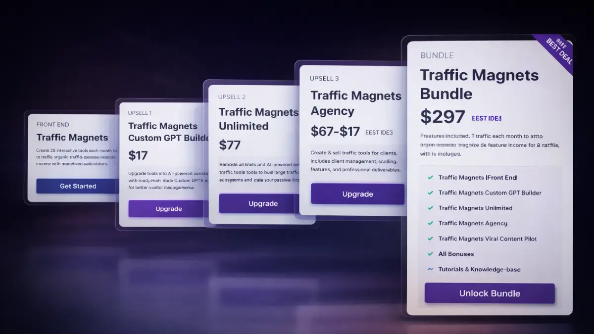 Traffic Magnets funnel showing front end, bundle, Custom GPT Builder, Unlimited, Agency, and Viral Content Pilot offers