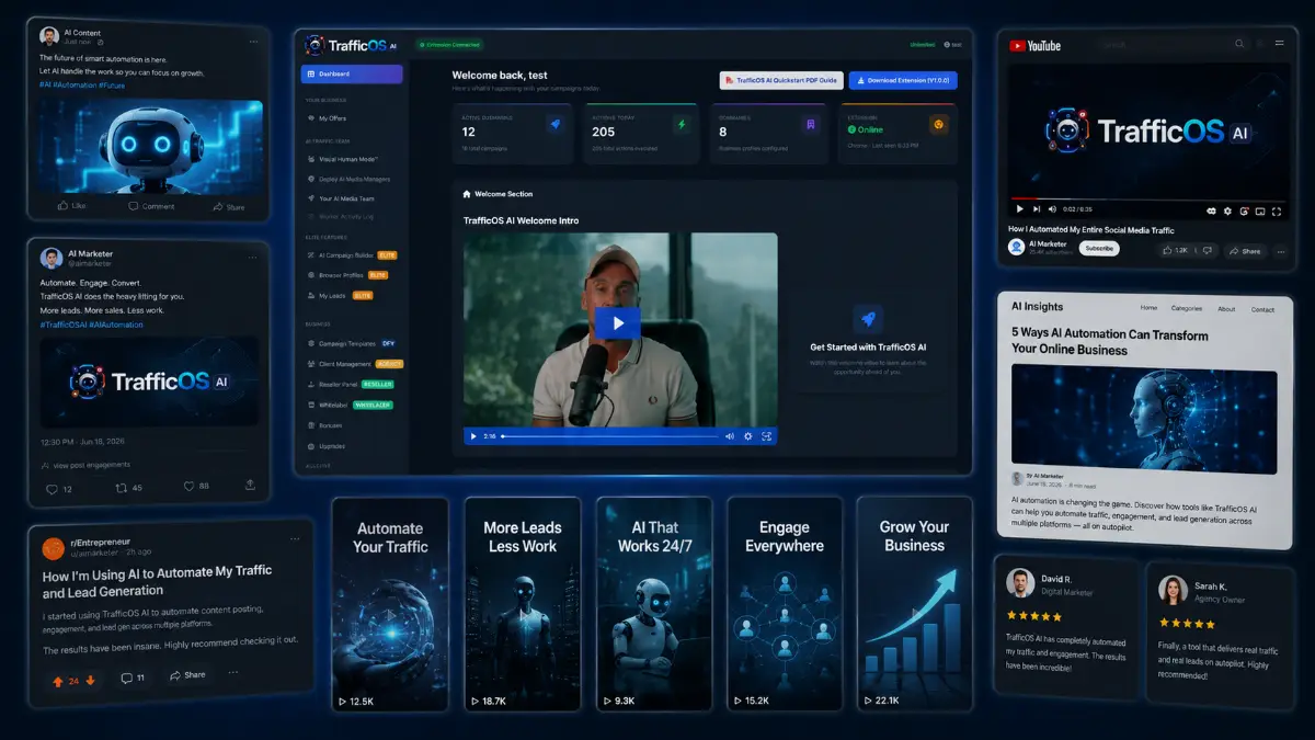 TrafficOS AI outputs showing social engagement automation, AI content generation, campaign analytics, lead lists, DM outreach, and client campaign workflows