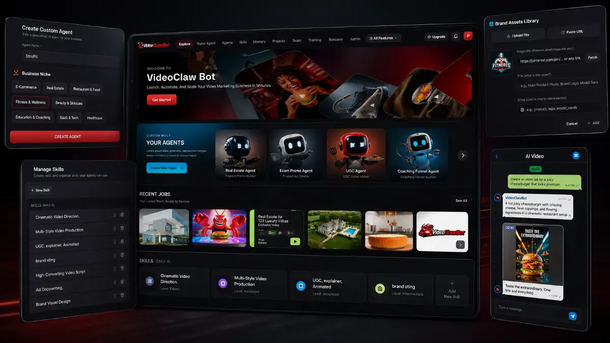 VideoClawBot examples showing AI video marketing agents, campaign creation, scripts, graphics, social content, WhatsApp and Telegram control, and automation