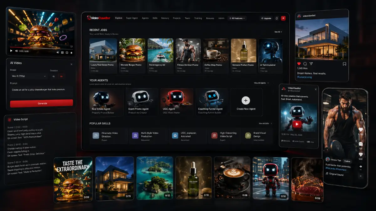 VideoClawBot outputs including AI videos, scripts, captions, thumbnails, social posts, graphics, lead research, outreach emails, and campaign automation