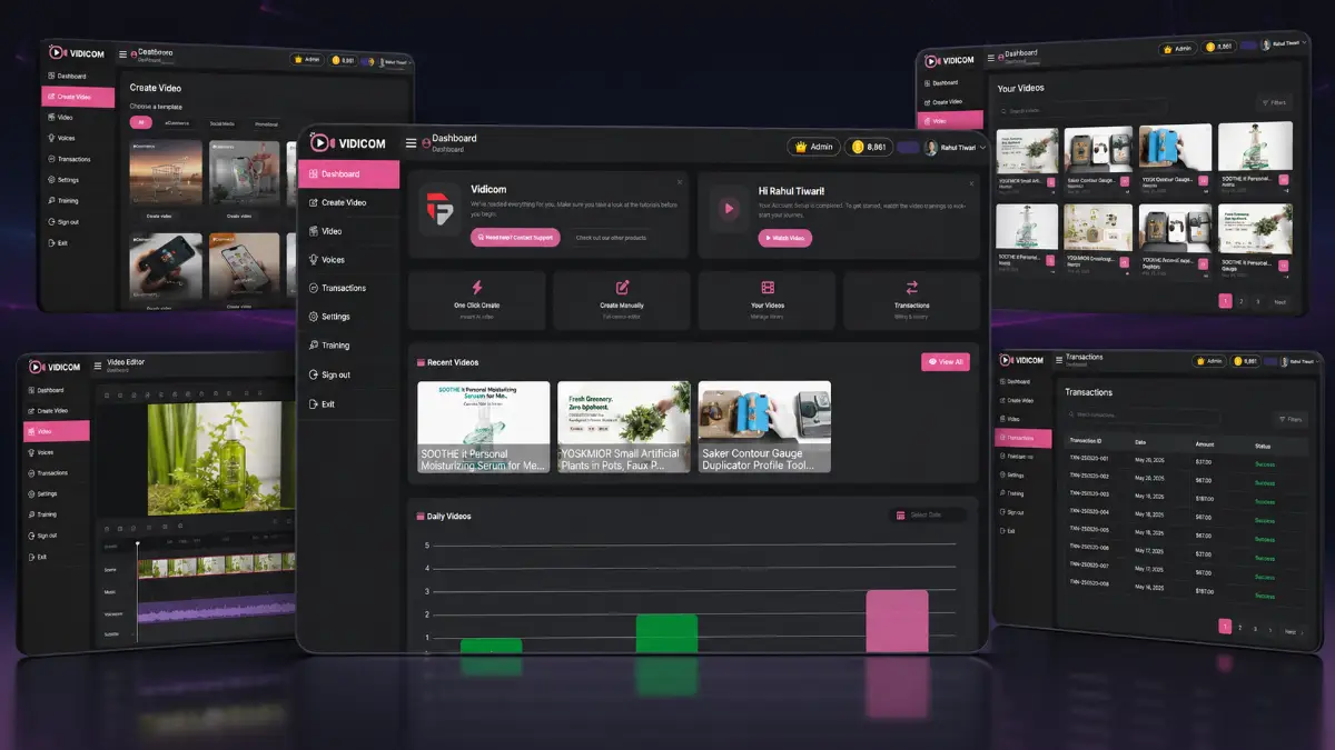 Vidicom examples showing AI product video creation, product information input, AI-generated scripts, marketing angles, social media videos, and product demo outputs