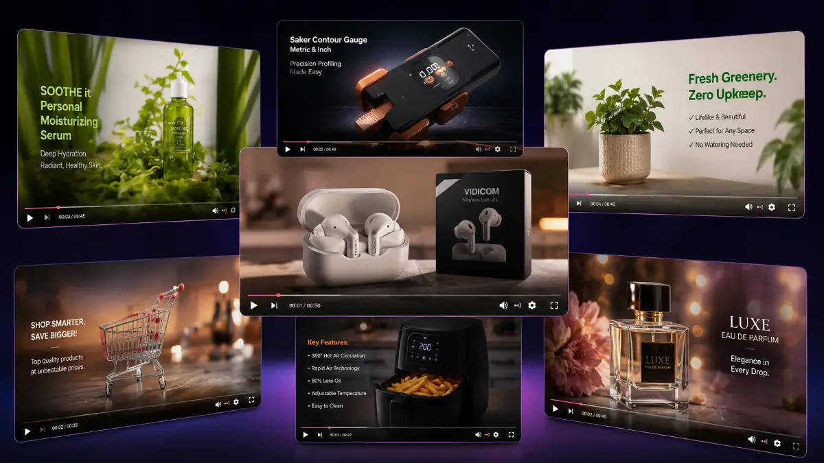 Vidicom outputs including AI product videos, listing videos, product demos, YouTube SEO videos, social media clips, AI endorsements, and geo-targeted video content