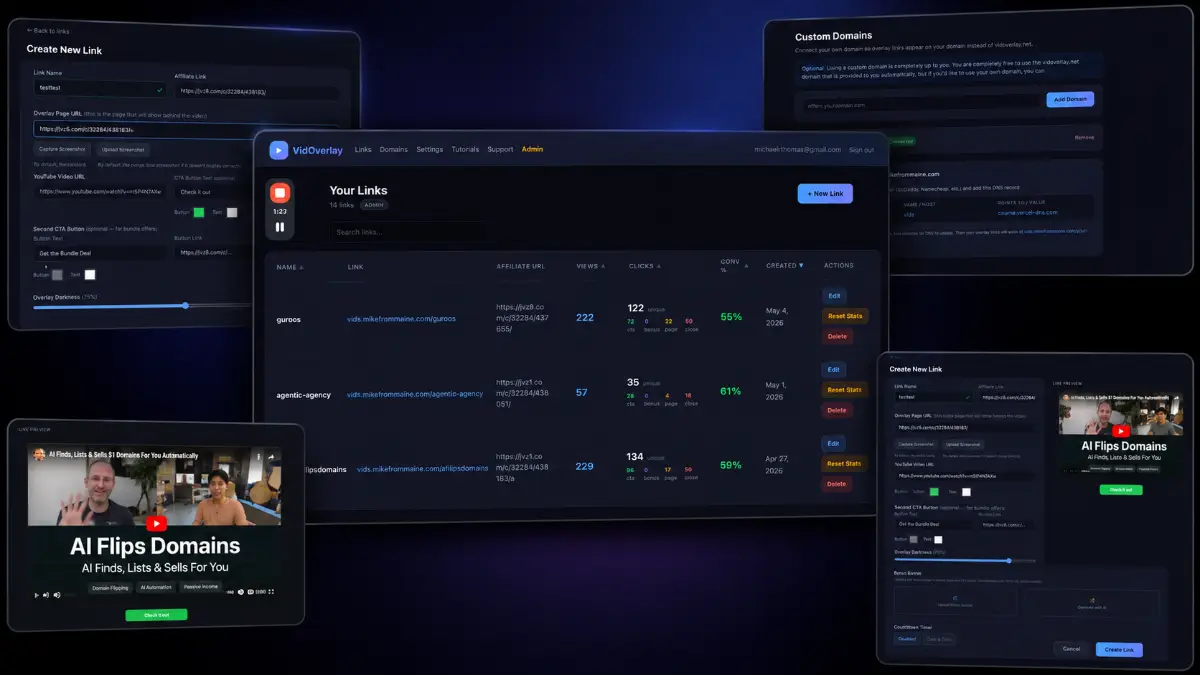VidOverlay dashboard and campaign setup showing video overlays, affiliate links, CTA buttons, and sales page preview