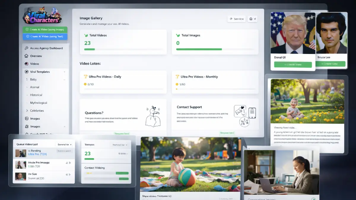 Viral Characters AI examples showing character videos, templates, scenes, and content creation workflow