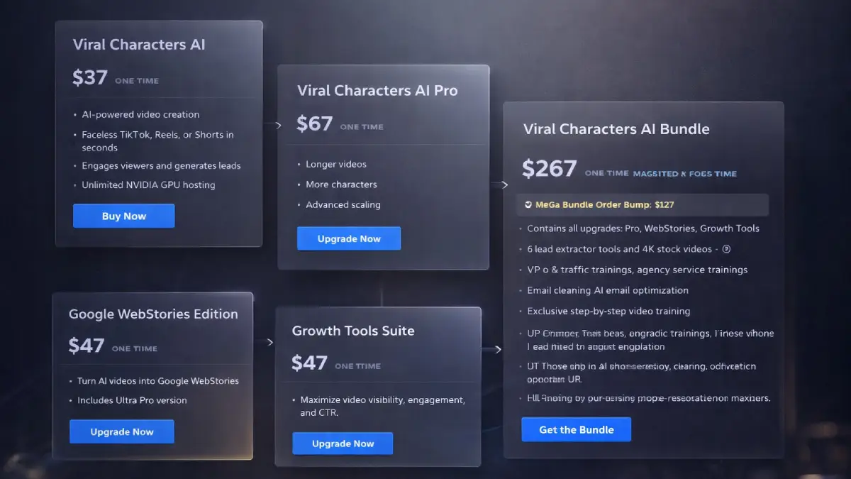 Viral Characters AI funnel showing Front-End, bundle, Pro, Google WebStories, Growth Tools, and Reseller Agency