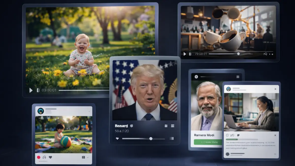 Viral Characters AI output examples including baby, animal, celebrity, meme, and custom AI character videos