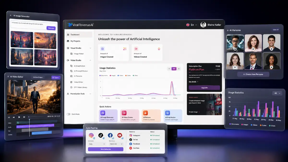 ViralRevenueAI dashboard and training assets showing AI video creation, avatar videos, faceless reels, social media automation, and content monetization