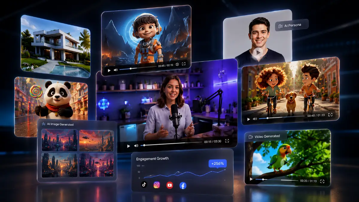 ViralRevenueAI outputs showing AI snap-to-motion videos, text-to-video prompts, AI persona clips, trend scanner, video editor, and social automation