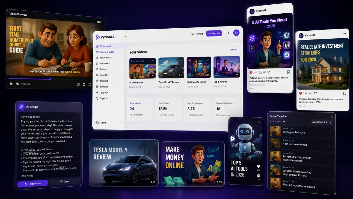 Vydora AI outputs including faceless videos, avatar videos, AI scripts, voiceovers, SEO metadata, thumbnail ideas, multilingual videos, and monetization-focused content