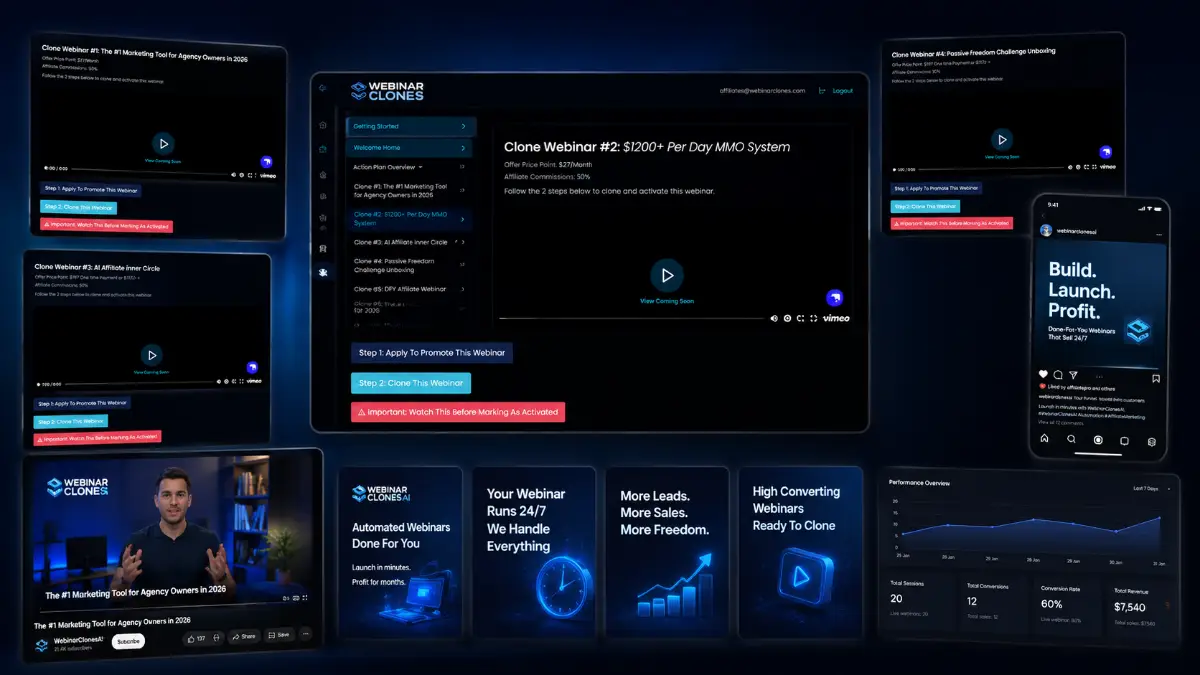 WebinarClonesAI outputs including automated webinar pages, CTA triggers, email and SMS follow-up, lead capture, replay routing, and AI traffic optimization