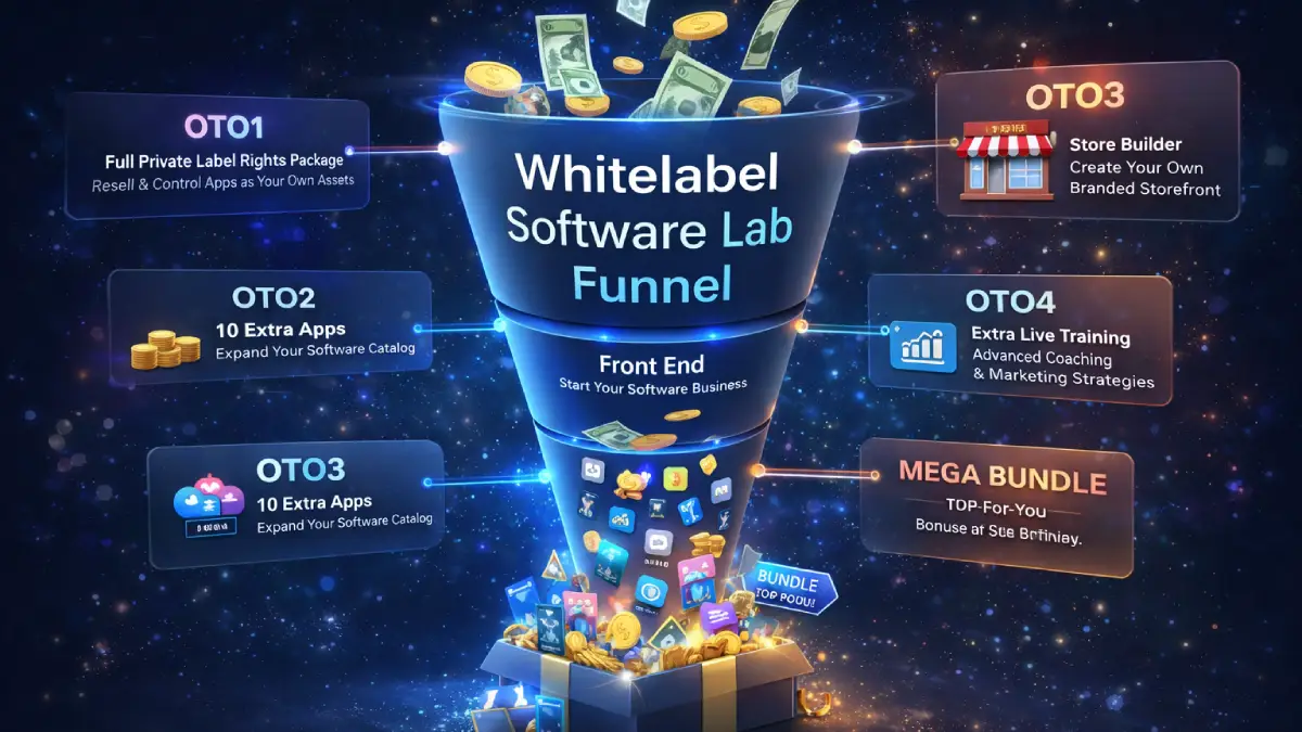 Whitelabel Software Lab funnel: Front-End, bundle, Full Private Label Rights, 10 Extra Apps, Store Builder, and Mega Bundle order bump