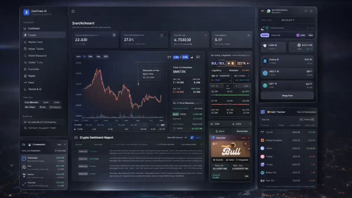 ZenChain AI examples showing whale tracking, token discovery, AI sentiment, and crypto dashboard research tools