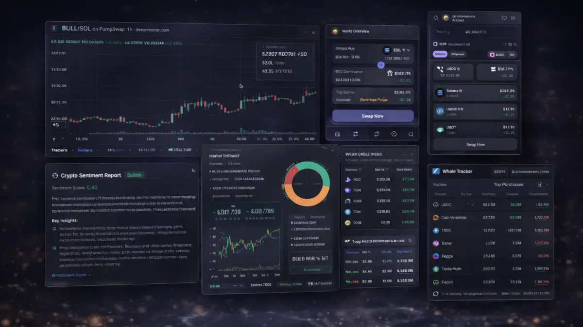 ZenChain AI outputs including whale wallet insights, token analytics, sentiment monitoring, and crypto research dashboards
